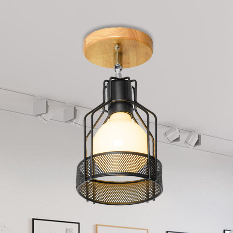 Industrial Loft Ceiling Fixture With Wire Cage And Rotatable Bulb - Black Metallic Semi-Flush Mount