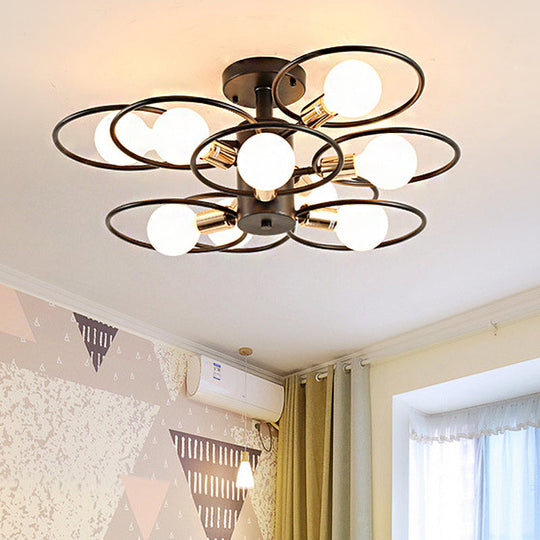 Traditional Metal Semi-Mount Ceiling Light Fixture Ring Bedroom Lighting 3/6/9 Lights Black 9 /