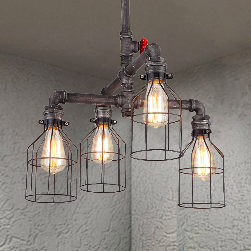 Vintage-Style Caged Chandelier with Water Pipe Design - 4-Light Wrought Iron Ceiling Pendant in Rustic Finish