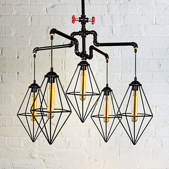 Industrial Style Black Metallic Chandelier with 5-Light Diamond Cage Shade