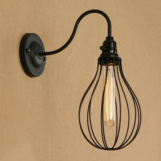 Industrial 1 Light Metallic Oval/Teardrop/Bulb Wall Lamp With Wire Guard In Black