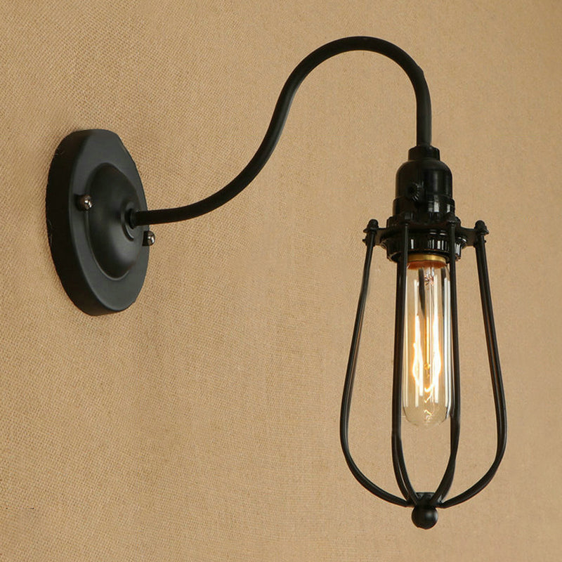 Industrial 1 Light Metallic Oval/Teardrop/Bulb Wall Lamp With Wire Guard In Black