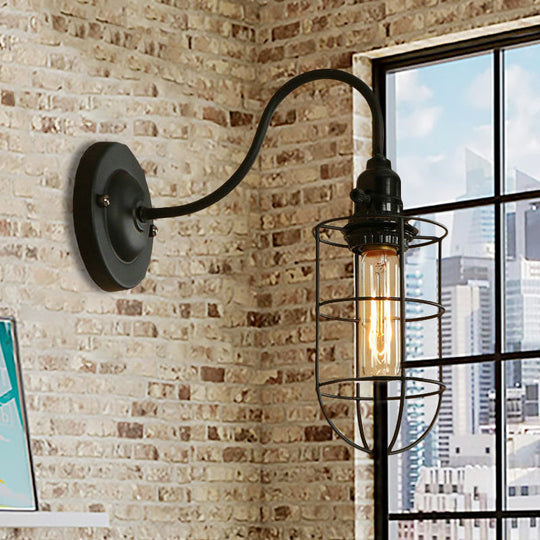 Industrial 1 Light Metallic Oval/Teardrop/Bulb Wall Lamp With Wire Guard In Black / Oval