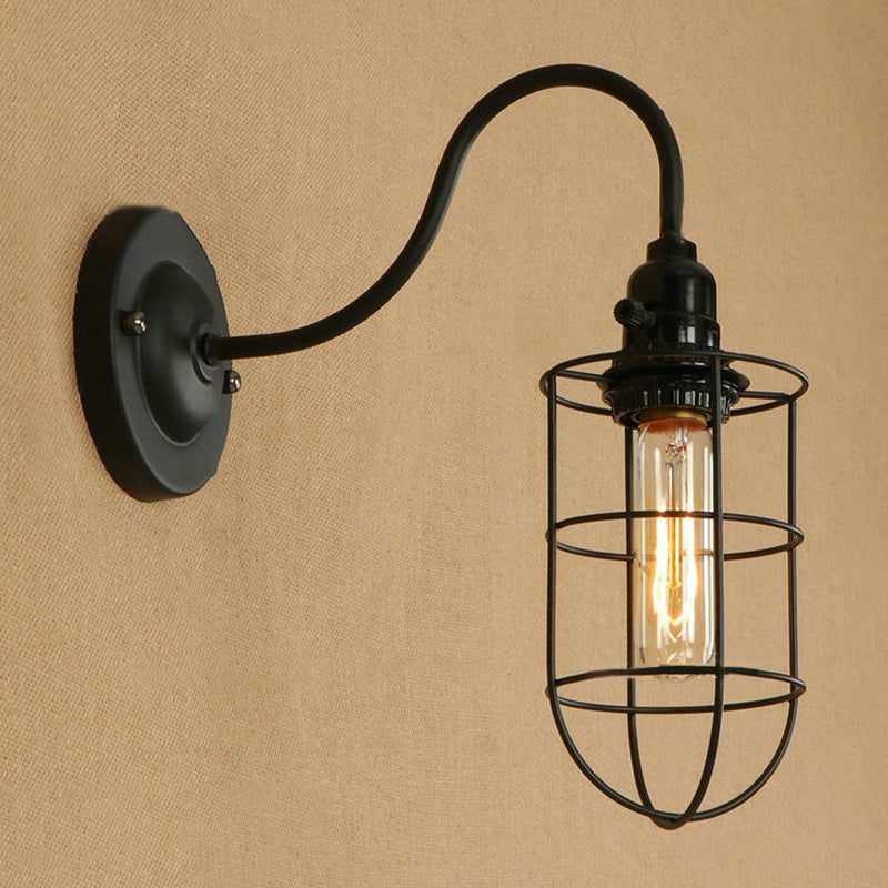 Industrial 1 Light Metallic Oval/Teardrop/Bulb Wall Lamp With Wire Guard In Black