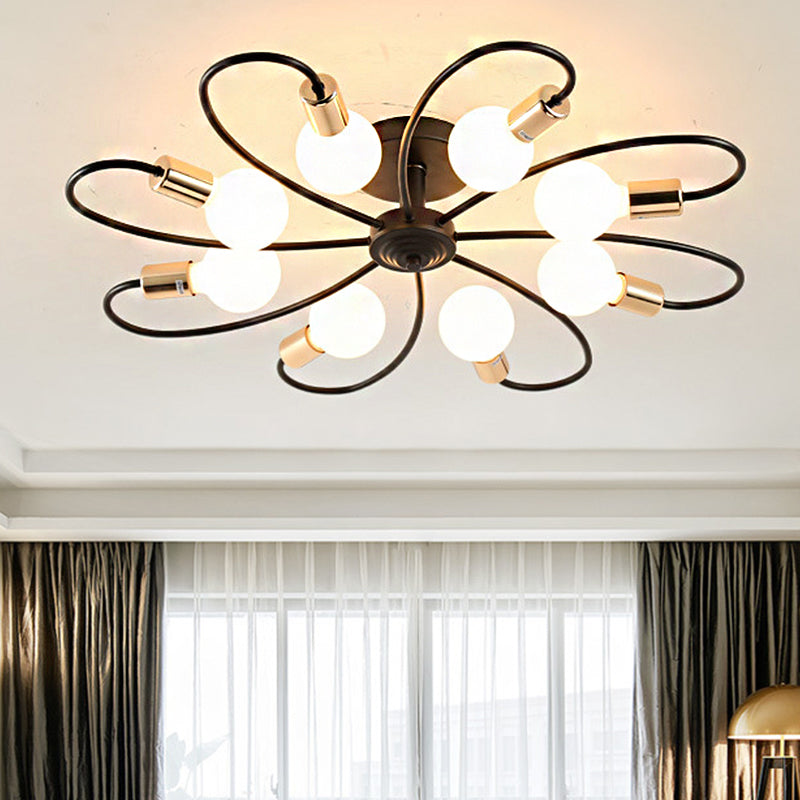 Metal Semi Flush Light With Exposed Bulbs - Traditional Black Ceiling Lighting For Living Room