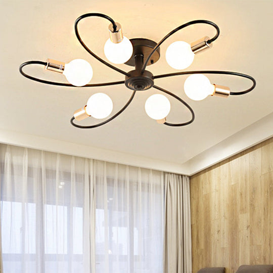 Metal Semi Flush Light With Exposed Bulbs - Traditional Black Ceiling Lighting For Living Room