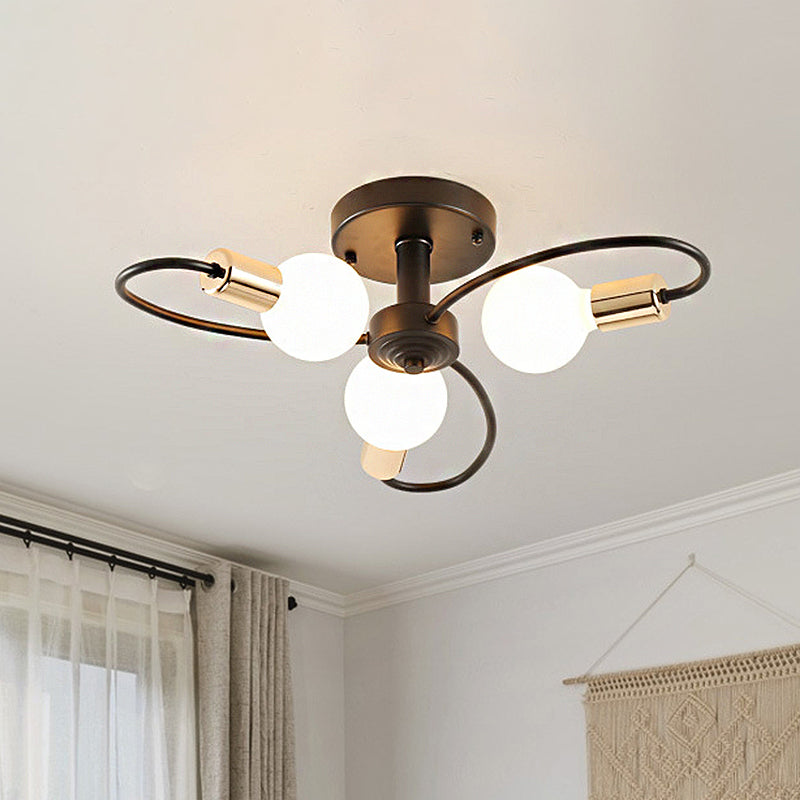 Metal Semi Flush Light With Exposed Bulbs - Traditional Black Ceiling Lighting For Living Room