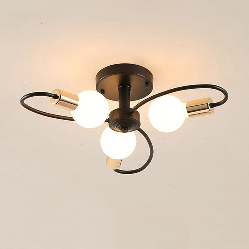 Metal Semi Flush Light With Exposed Bulbs - Traditional Black Ceiling Lighting For Living Room