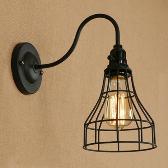 Industrial 1-Head Black Gooseneck Wall Light With Cage Shade For Living Room