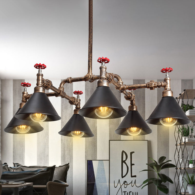 Vintage Metal Pendant Lighting - Stylish Cone Shade Chandelier Fixture with Red Valve (4/6 Lights)