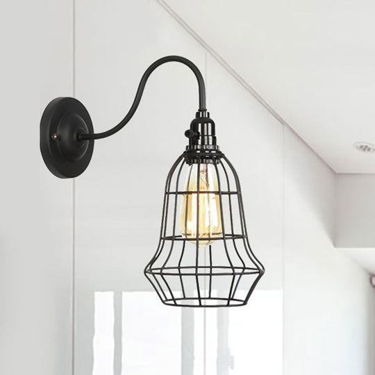 Industrial Cage Wall Sconce - 1 Bulb Metallic Lighting With Gooseneck Arm In Black