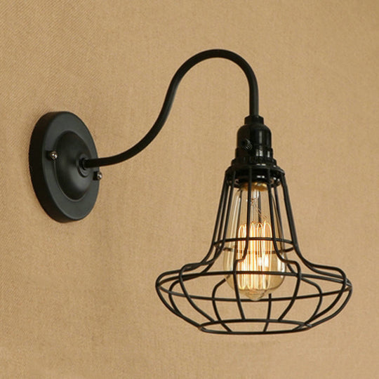 Industrial Cage Wall Sconce - 1 Bulb Metallic Lighting With Gooseneck Arm In Black