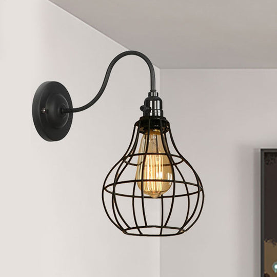 Industrial Cage Wall Sconce - 1 Bulb Metallic Lighting With Gooseneck Arm In Black / Teardrop