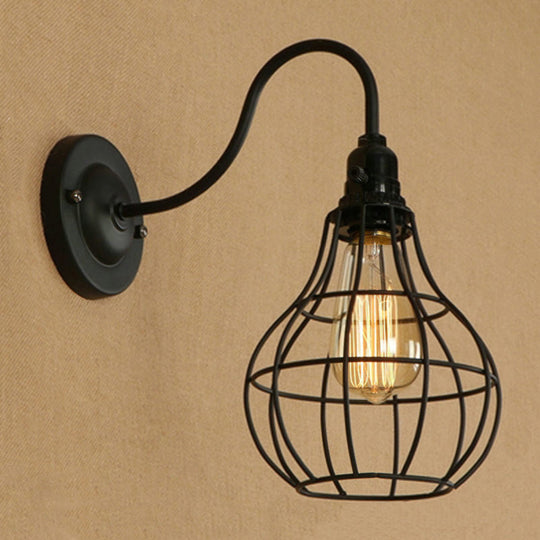 Industrial Cage Wall Sconce - 1 Bulb Metallic Lighting With Gooseneck Arm In Black