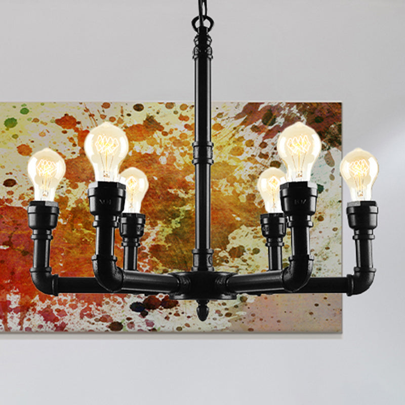 Vintage Metal Pendant Chandelier Lamp: 3/6 Heads, Bare Bulb Design with Water Pipe Accent - Black