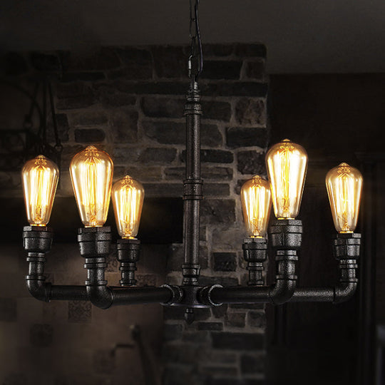 Vintage Metal Pendant Light With Water Pipe And Bare Bulbs - 3/6 Heads Hanging Chandelier In Black