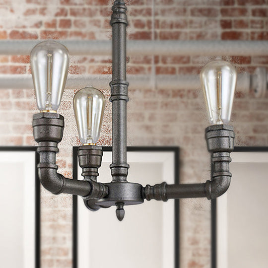 Vintage Metal Pendant Chandelier Lamp: 3/6 Heads, Bare Bulb Design with Water Pipe Accent - Black