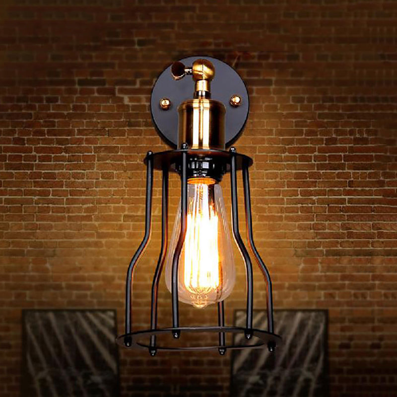 Farmhouse Iron Wall Sconce Lighting With Adjustable Brass Cage Shade - Perfect For Dining Room