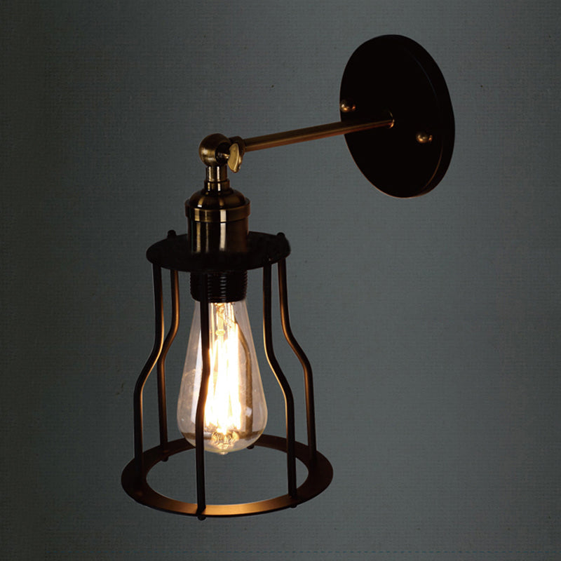 Farmhouse Iron Wall Sconce Lighting With Adjustable Brass Cage Shade - Perfect For Dining Room