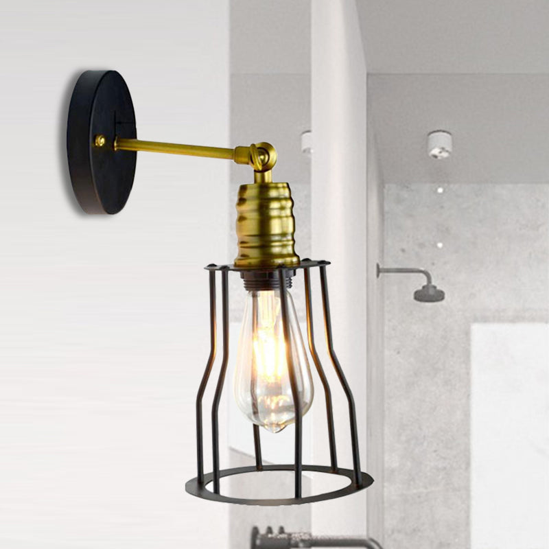 Farmhouse Iron Wall Sconce Lighting With Adjustable Brass Cage Shade - Perfect For Dining Room