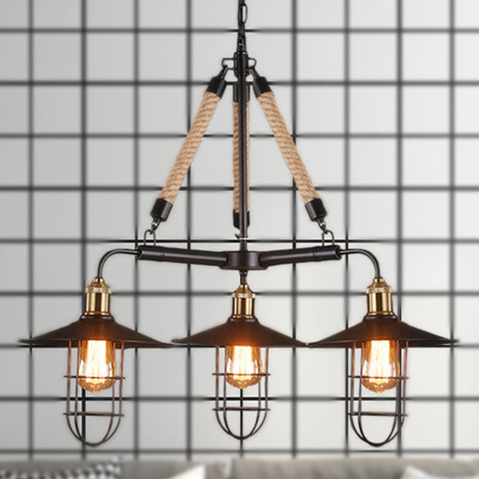 Nautical Style Metal Chandelier With Flared Design - 3-Head Black Ceiling Light Fixture For