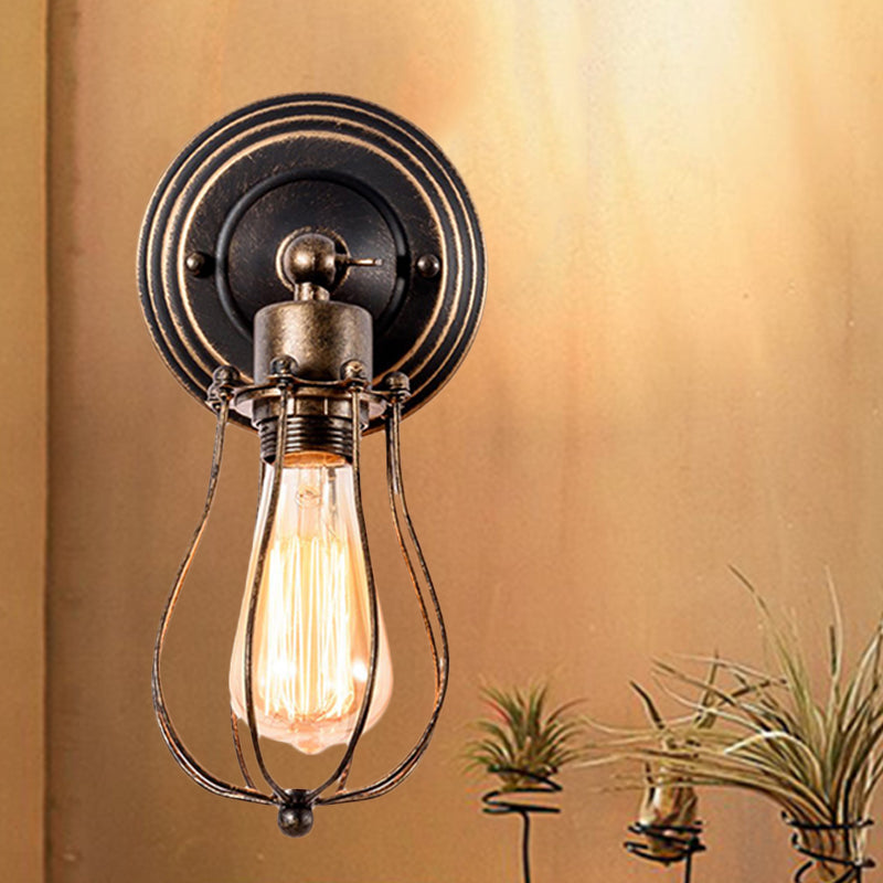 Farmhouse Style Wall Lamp Iron Head With Dark Rust Wire Guard - Coffee Shop Mini Sconce Light