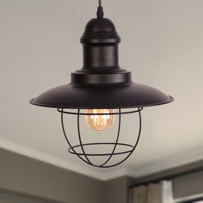 Industrial Style Metal Hanging Lamp - 1 Light Ceiling Pendant With Adjustable Cord In Black