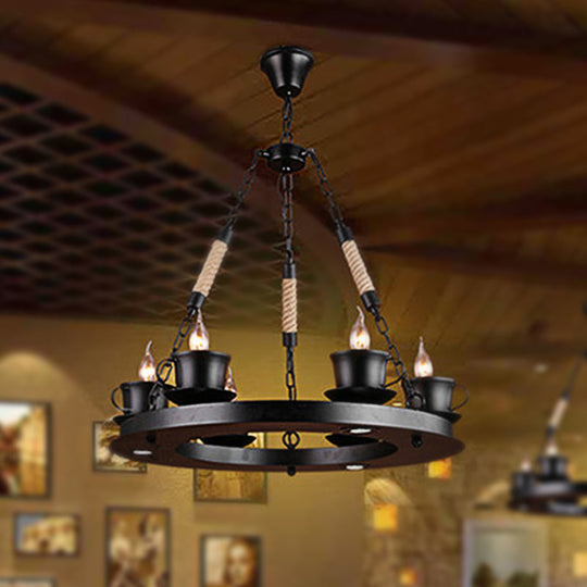 Country Style 6-Light Teacup Pendant Chandelier in Black Metal - Ideal for Restaurants