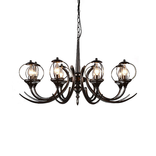 Farmhouse Wire Guard Chandelier With Curved Arm 8-Light Iron Hanging Fixture (Black)