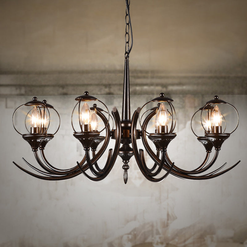 Farmhouse Wire Guard Chandelier With Curved Arm 8-Light Iron Hanging Fixture (Black)