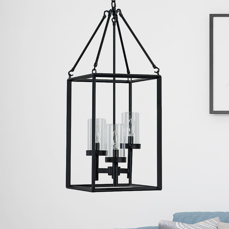 Vintage 3-Light Clear Glass Pendant Chandelier With Black Metal Frame