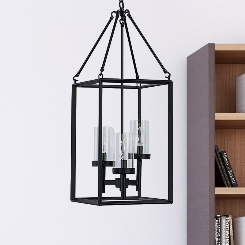 Vintage Black Metal Frame Pendant Chandelier with Clear Glass Candle Lights - 3-Light Ceiling Fixture