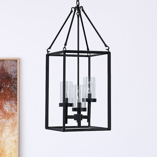 Vintage Black Metal Frame Pendant Chandelier with Clear Glass Candle Lights - 3-Light Ceiling Fixture