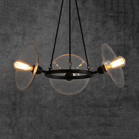 Industrial Black Chandelier With Clear Glass Disc Shades - 3-Light Pendant Fixture For Living Room