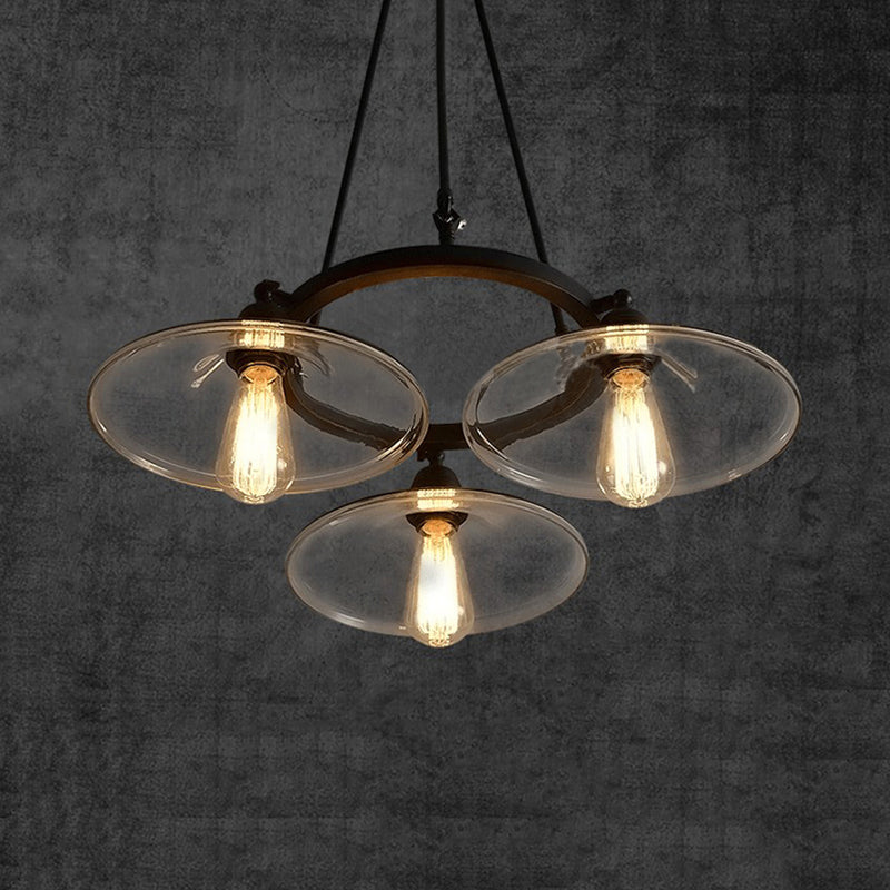 Industrial Black Clear Glass Pendant Chandelier with 3-Light Disc Shades - Perfect for Living Room