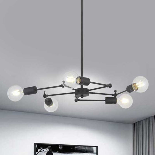 Metal Industrial Style Adjustable Chandelier with Exposed Bulbs - Multi Light Hanging Lamp for Bedroom - Black