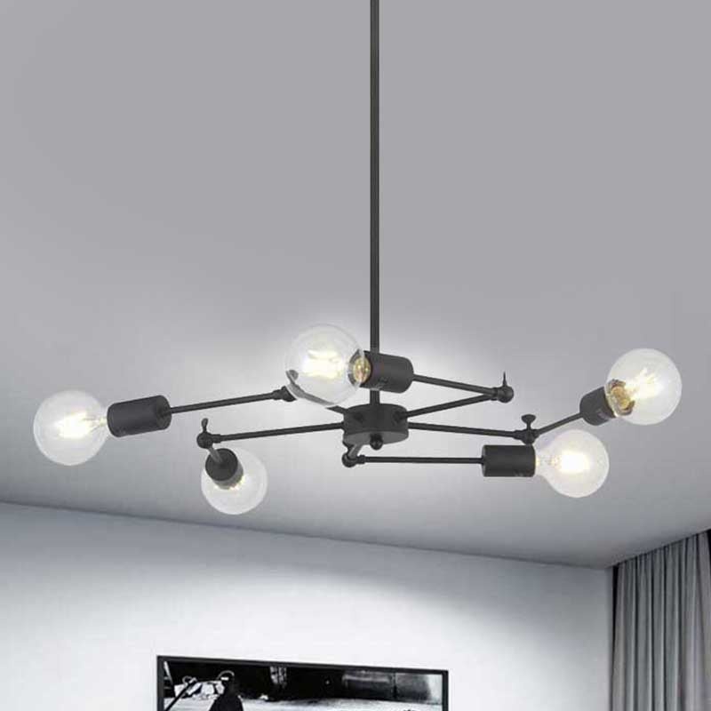 Industrial Style Bedside Pendant Light With Adjustable Metal Chandelier Exposed Bulb Multi-Light