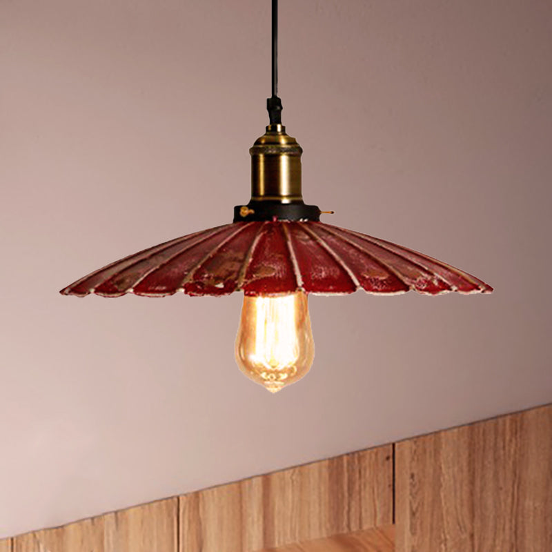 Rustic Red Scalloped Shade Pendant Lamp - Metallic Finish Ideal For Coffee Shops 1 Bulb Hanging