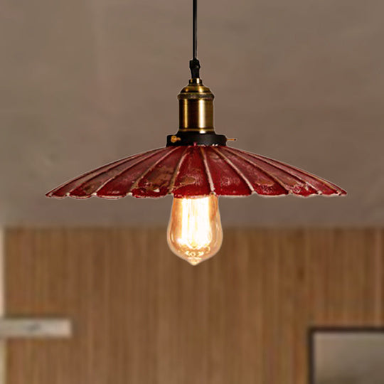 Rustic Red Scalloped Shade Pendant Lamp - Metallic Finish, Coffee Shop Hanging Light Fixture