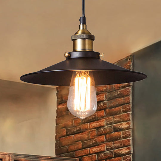 Retro Stylish Metallic Flat Shade Ceiling Pendant With 1 Bulb - Coffee Shop Hanging Lamp In Black