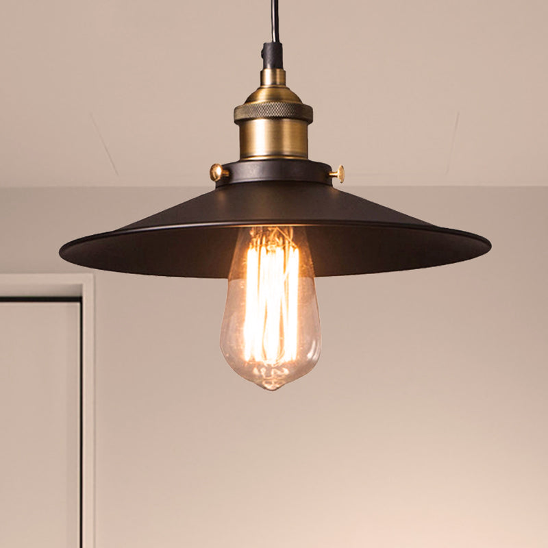 Retro Stylish Metallic Flat Shade Ceiling Pendant With 1 Bulb - Coffee Shop Hanging Lamp In Black