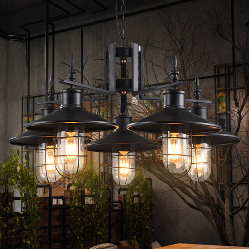 Industrial Black Clear Glass Cone Chandelier - 5-Light Pendant Fixture With Iron Cage For Dining