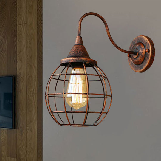 Rustic Gooseneck Wall Sconce With Ball Cage Rust/Black Finish Rust