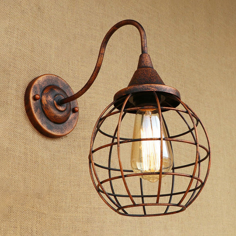 Rustic Gooseneck Wall Sconce With Ball Cage Rust/Black Finish