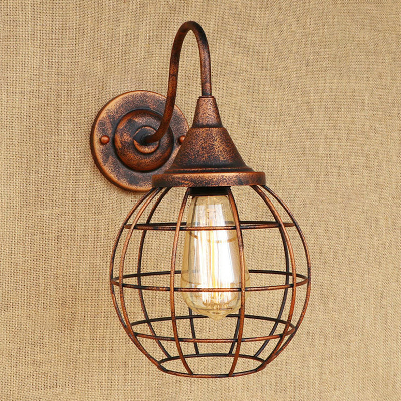 Rustic Gooseneck Wall Sconce With Ball Cage Rust/Black Finish