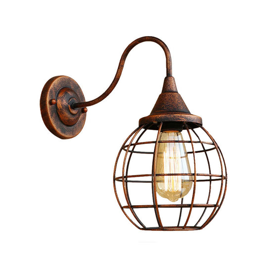 Rustic Gooseneck Wall Sconce With Ball Cage Rust/Black Finish