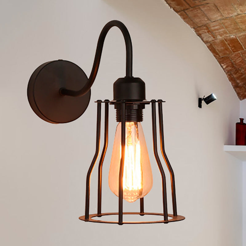 Vintage-Style Iron Caged Farmhouse Wall Sconce With Gooseneck Arm - 1 Light Black Mount