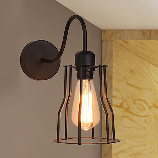 Vintage-Style Iron Caged Farmhouse Wall Sconce With Gooseneck Arm - 1 Light Black Mount