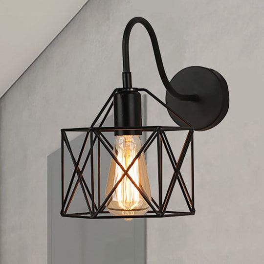 Industrial Wire Guard Sconce With Gooseneck Arm - Black 1-Light Wall Lighting