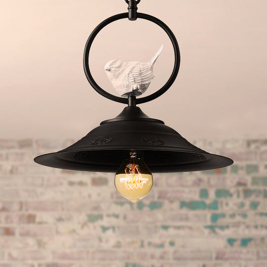 Rustic Black Metallic Pendant Lamp with Bird Accent and Bell Design